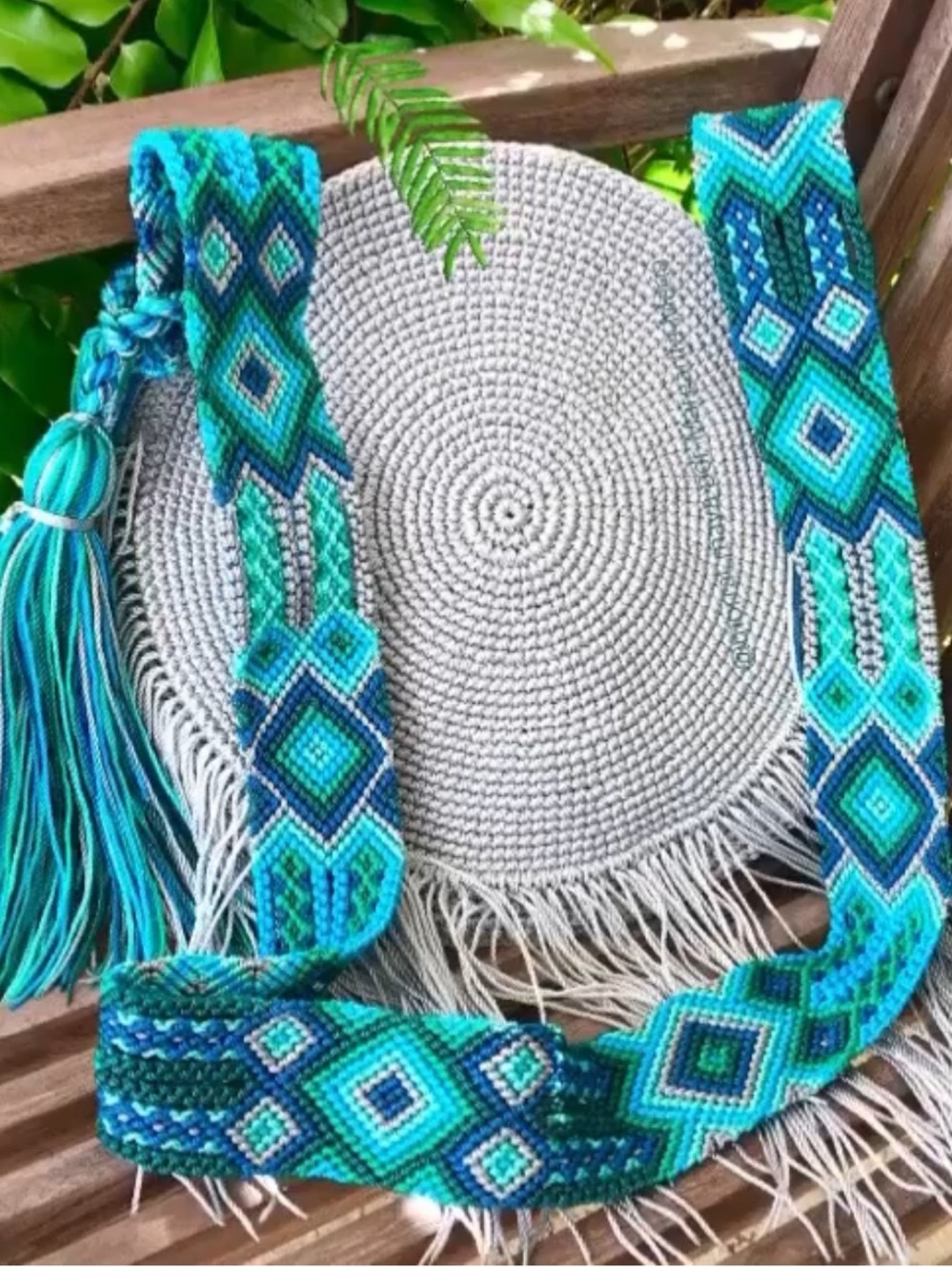 Morral Maya NWT Handwoven Grey Turquoise & Teal Crossbody Bag with Tassel Strap